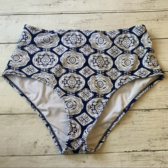 Cupshe High Waisted Bikini Bottoms Blue White Floral Print  Small - Picture 1 of 5